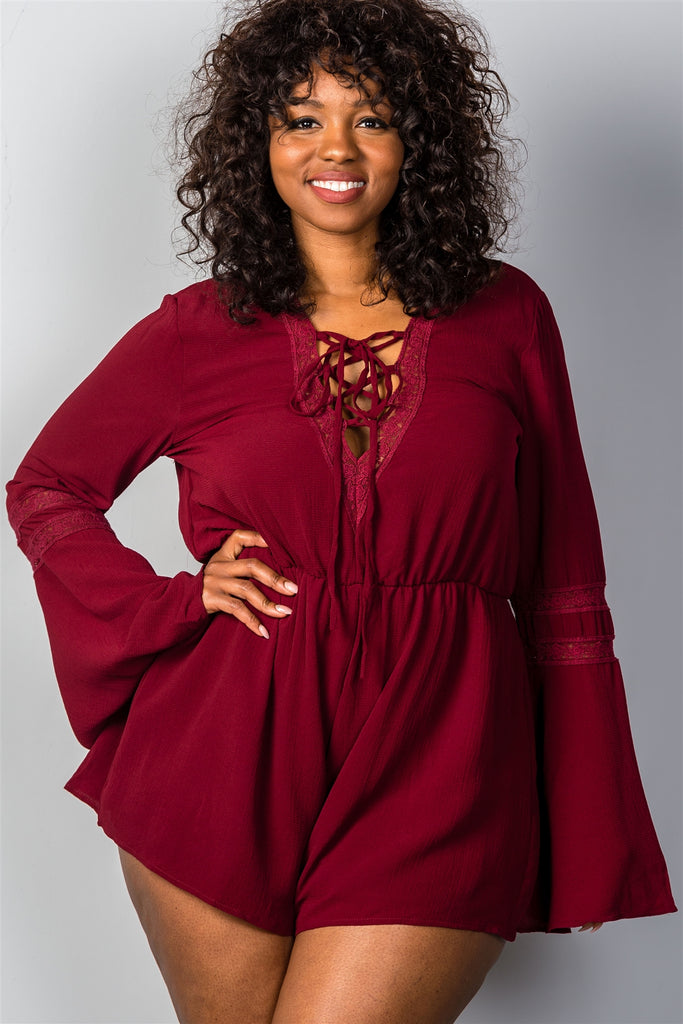 Burgundy Purple Plus Size Romper Plunging Resort Wear 