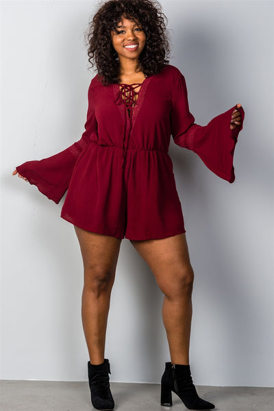 Burgundy Purple Plus Size Romper Plunging Resort Wear 