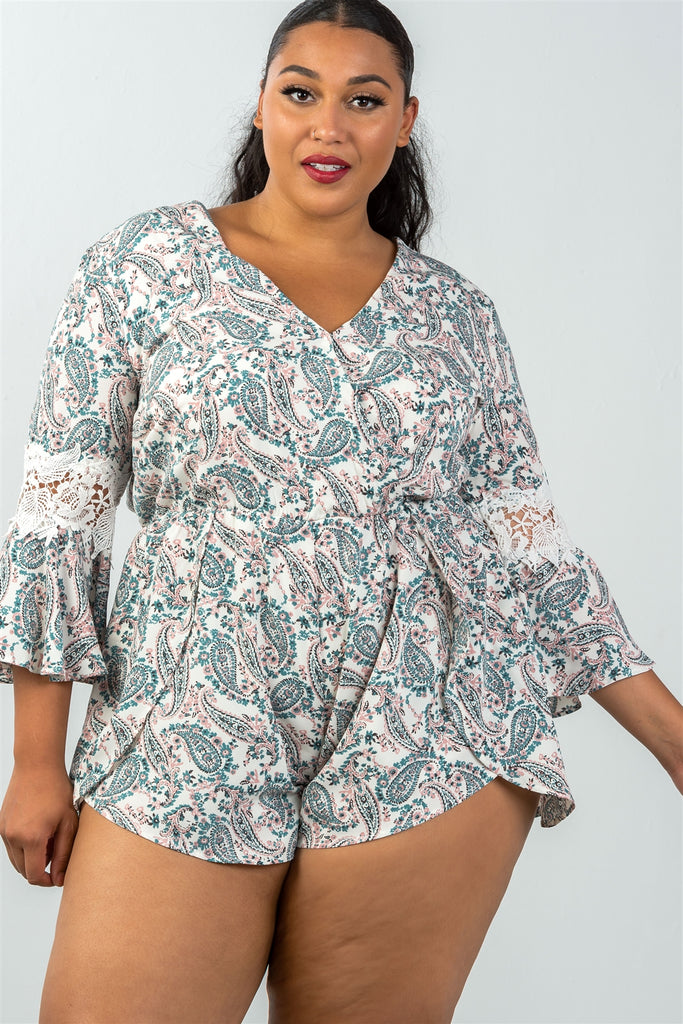 Floral Paisley Pattern Romper Bell Sleeves Plus Size