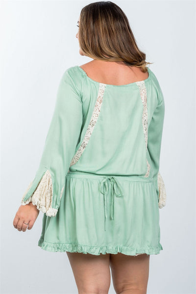 Seaweed Green Mint Boho Lace Trim Puff Cuff Dress Plus Size