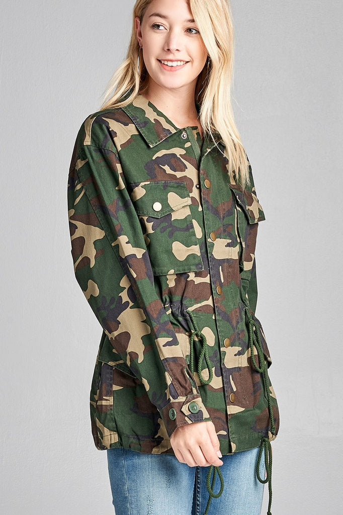 Collared Camo Print Utility Jacket