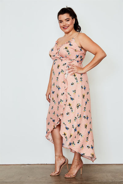 Peach Pink Floral Flower Print Wrap Dress Plus Size