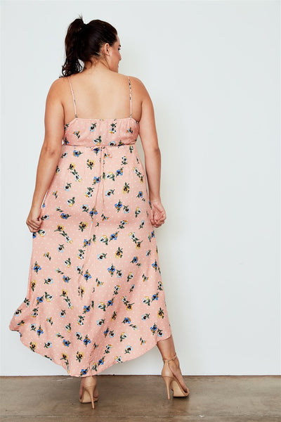 Peach Pink Floral Flower Print Wrap Dress Plus Size
