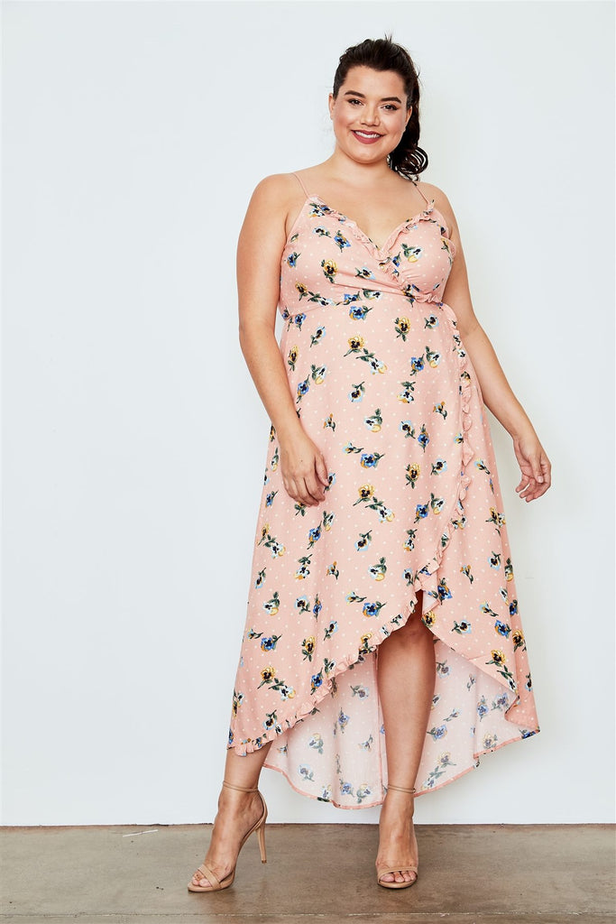 Peach Pink Floral Flower Print Wrap Dress Plus Size