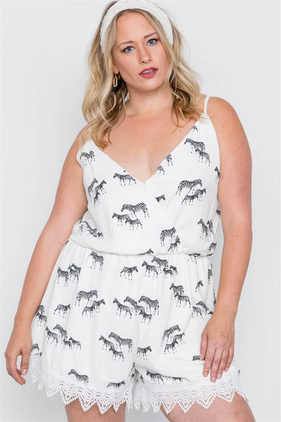 Zebra Print Safari Black White Romper with Lace Plus Size