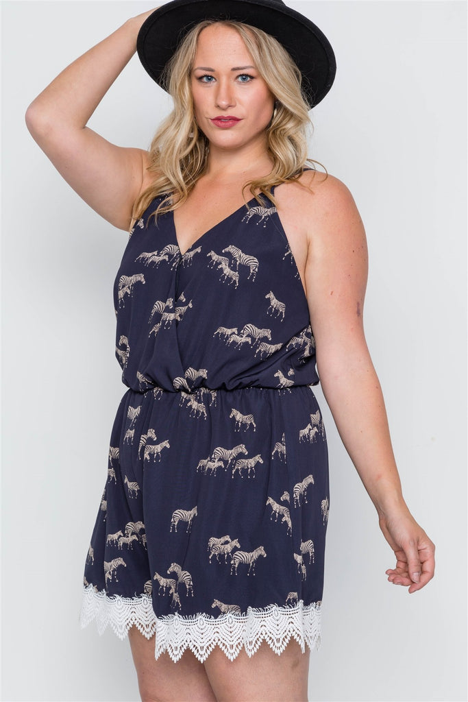 Navy Blue Zebra Safari Print Romper Plus Sizes