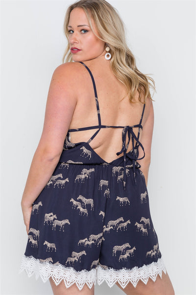 Navy Blue Zebra Safari Print Romper Plus Sizes