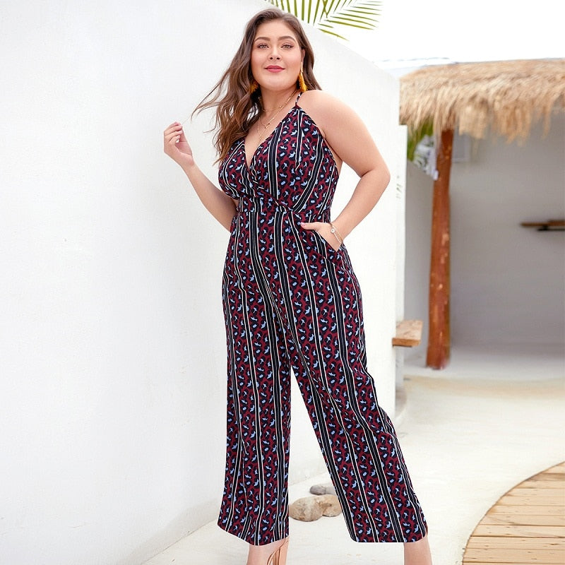 Summer Print Jumpsuit Romper Leopard Multicolor V Neck Boho Plus Size Resort Wear