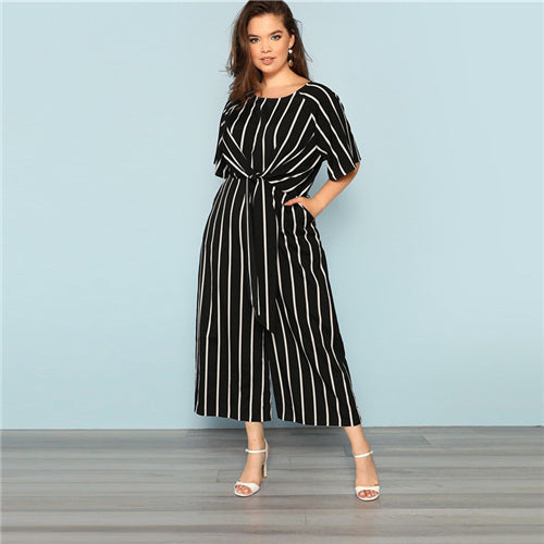 Black With White Stripes Jumpsuit Wide Leg Resort Wear Plus Size