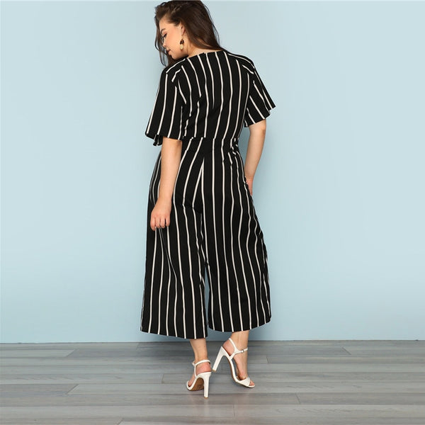 Black With White Stripes Jumpsuit Wide Leg Resort Wear Plus Size