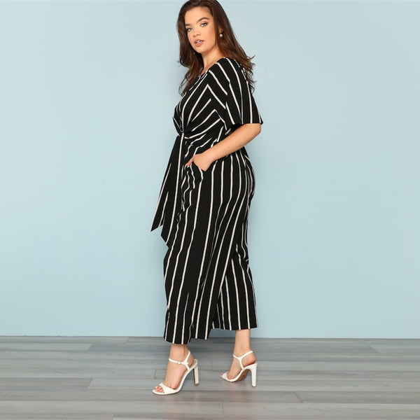 Black With White Stripes Jumpsuit Wide Leg Resort Wear Plus Size