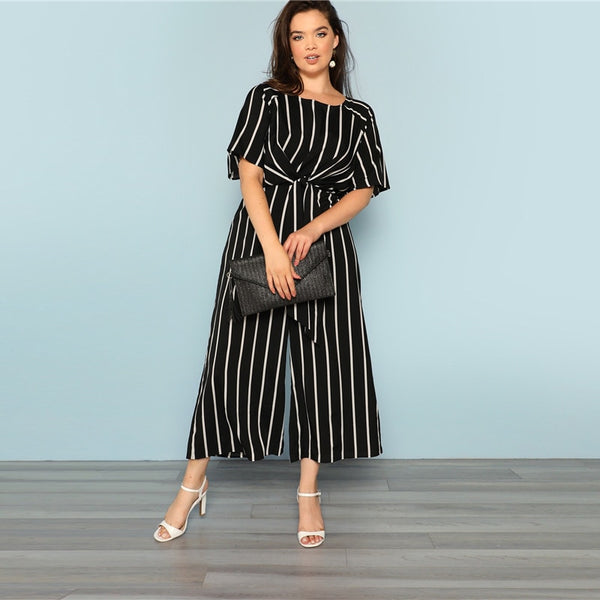 Black With White Stripes Jumpsuit Wide Leg Resort Wear Plus Size