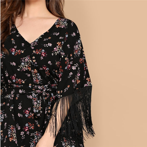 Boho Fringe Cuff Floral Belted Romper Plus Size Resort Wear