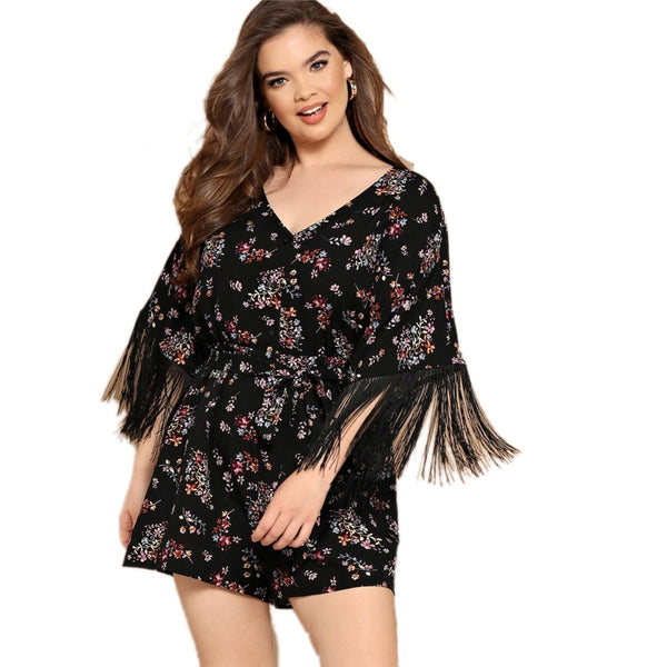 Boho Fringe Cuff Floral Belted Romper Plus Size Resort Wear