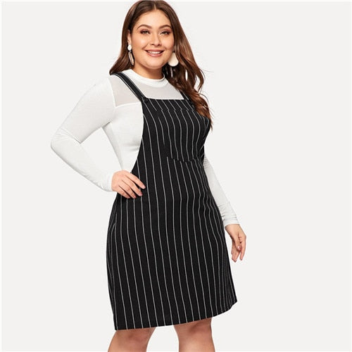 Striped Black with White Stripes Pinafore Overall Dress Plus Size