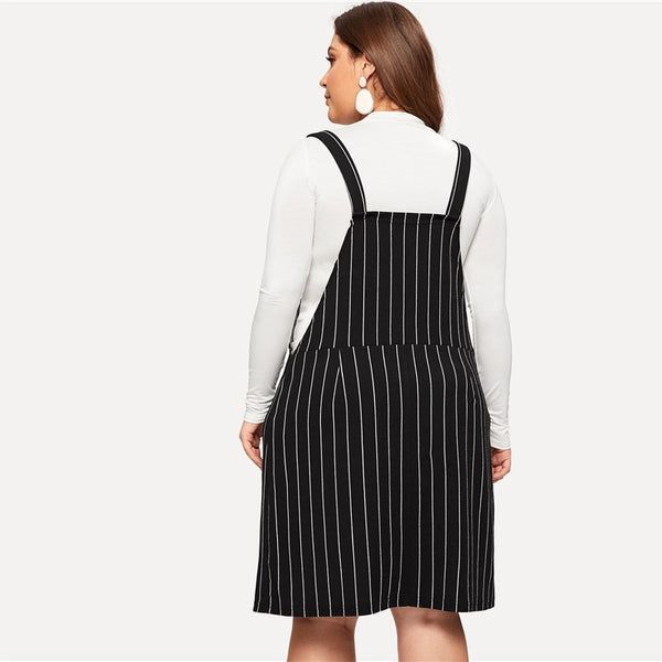 Striped Black with White Stripes Pinafore Overall Dress Plus Size