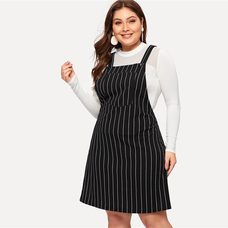 Striped Black with White Stripes Pinafore Overall Dress Plus Size