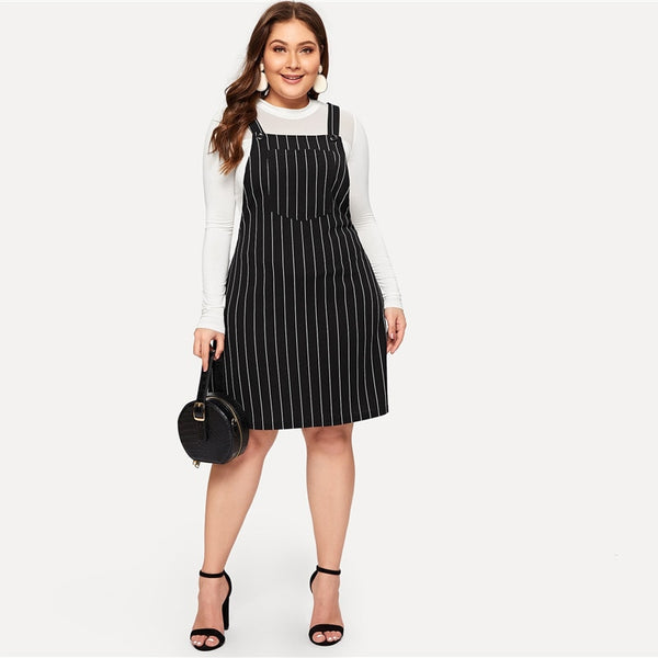 Striped Black with White Stripes Pinafore Overall Dress Plus Size