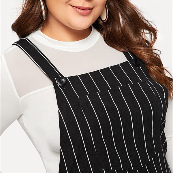 Striped Black with White Stripes Pinafore Overall Dress Plus Size