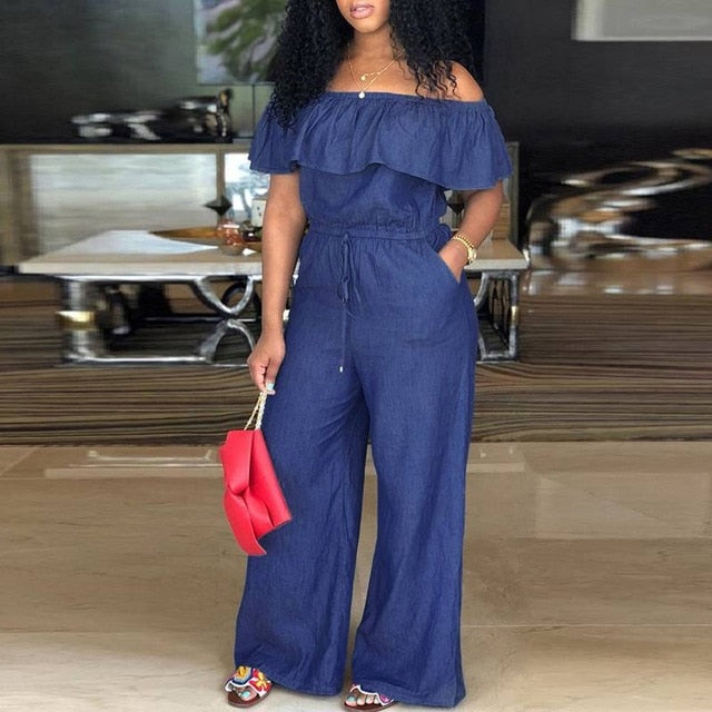 Denim Blue Jeans Romper Jumpsuit Resort Wear Plus Sizes