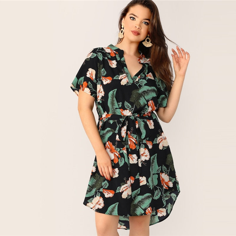 Tropical Print Resort Wear MultiColor V Neck Belted Midi Dress Plus Sizes