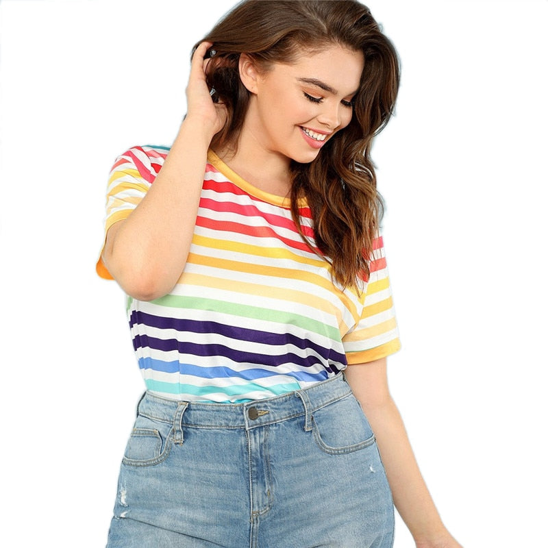 Rainbow Unicorn Colorful Multicolor Striped Stripes T-Shirt Plus Size Shirt